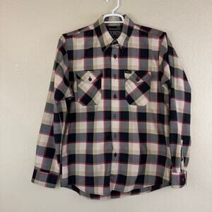 Dixxon Long Sleeve Flannel Plaid Black Tan Red Button Up Mens Size M EUC Logo